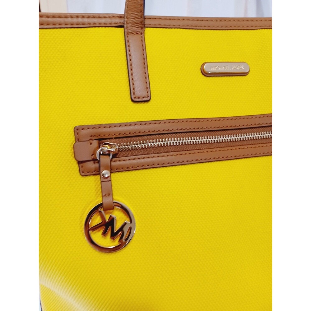 Michael Kors Large Yellow Ciara Tote Bag With Leather Straps/ Trim  Travel Beach - Picture 3 of 12